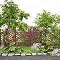Lush Green Arbor Trees With Red Purple Flowers Fence Stones Grass And Flagstone Path