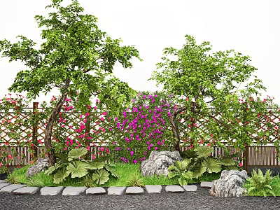 Lush Green Arbor Trees With Red Purple Flowers Fence Stones Grass And Flagstone Path 3d model
