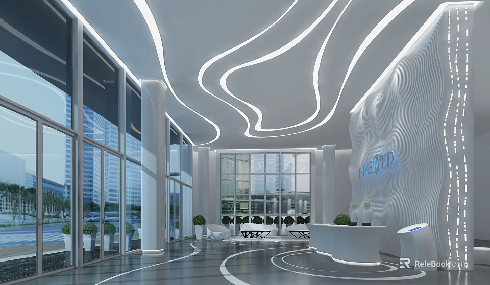 Modern Futuristic Office Reception Design With Curved LED Strip Lighting And Full Height Glass Windows 3d model 