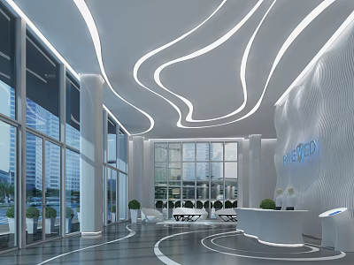 Modern Futuristic Office Reception Design With Curved LED Strip Lighting And Full Height Glass Windows 3d model