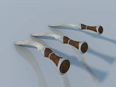 Three Handmade Knives With Wooden Handles And Curved Decorative Blades 3d model
