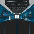 Futuristic Blue Tech Space With Illuminated Design Large Digital Screens And Reflective Floor