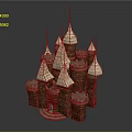 Medieval Castle Architecture With Multiple Conical Spires And Brick Tower Structures 3d model