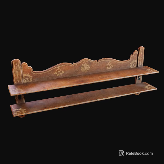 Vintage Wooden Two Tier Shelf With Intricate Carved Floral Patterns 3d model 