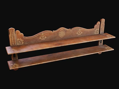 Vintage Wooden Two Tier Shelf With Intricate Carved Floral Patterns 3d model