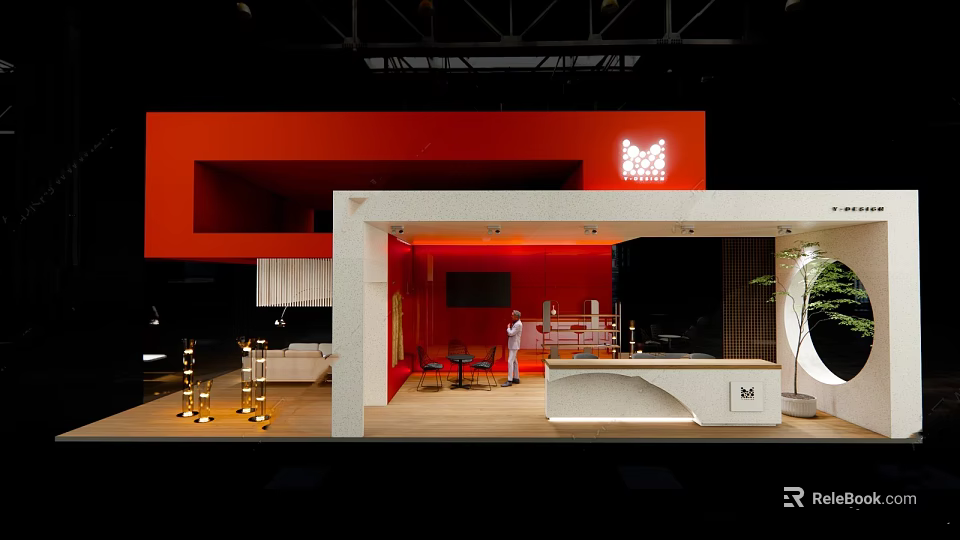 Stylish Red And White Exhibition Booth With Modern Reception Counter And Interior Lighting 3d model 