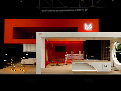 Stylish Red And White Exhibition Booth With Modern Reception Counter And Interior Lighting 3d model