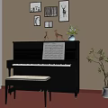 Black Piano Interior With Music Sheet Bench Flower Vase And Green Plant On Wooden Floor