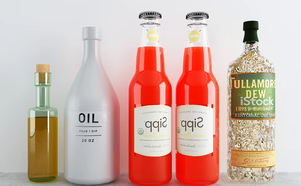 Assorted Wine Bottles and Glasses Featuring Olive Oil and Sip Drink Bottles 3d model 