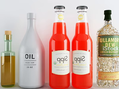 Assorted Wine Bottles and Glasses Featuring Olive Oil and Sip Drink Bottles 3d model