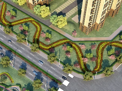 Urban Park Landscape With Winding Green Belts Various Trees Adjacent Roads And Tall Buildings 3d model