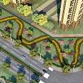 Urban Park Landscape With Winding Green Belts Various Trees Adjacent Roads And Tall Buildings