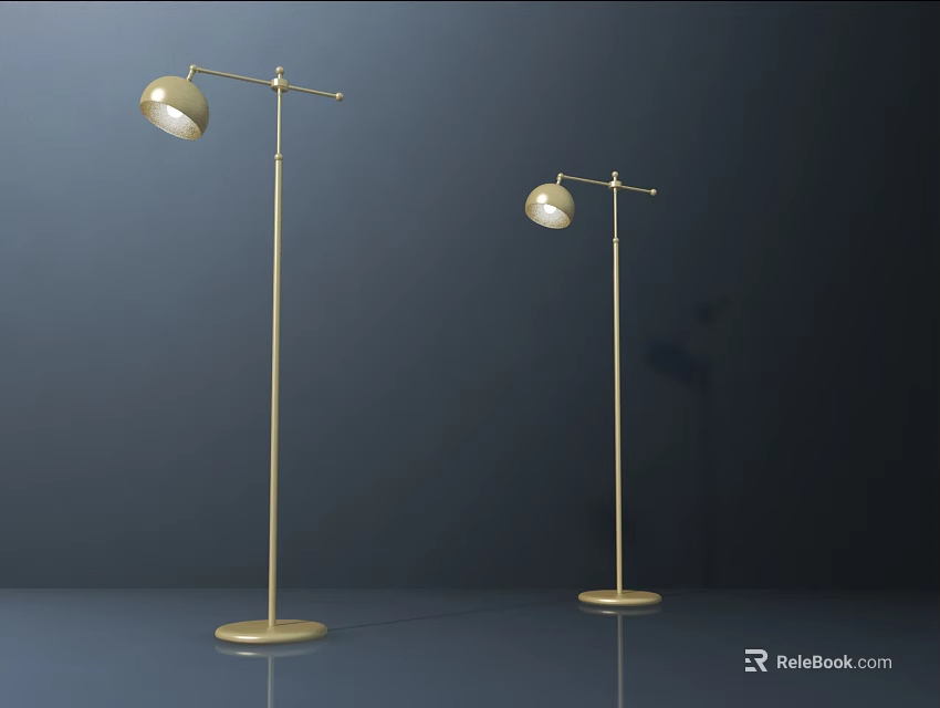 Pair of Modern Golden Floor Lamps With Spherical Shades Slim Stands And Circular Bases 3d model 