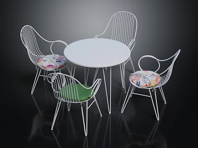 White Round Table With Four Metal Frame Chairs Featuring Colorful Cushions Furniture Set 3d model