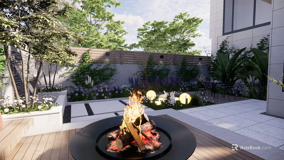 Courtyard Garden With Cozy Fire Pit Flames Lush Plants Flowers And Outdoor Seating 3d model 