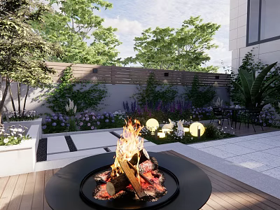 Courtyard Garden With Cozy Fire Pit Flames Lush Plants Flowers And Outdoor Seating 3d model
