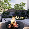 Courtyard Garden With Cozy Fire Pit Flames Lush Plants Flowers And Outdoor Seating