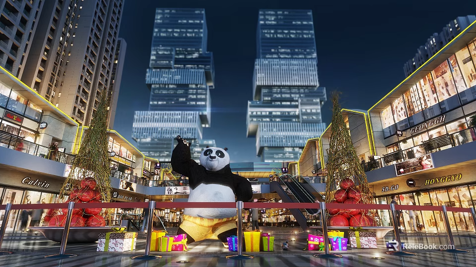 Illuminated Night View of Urban Plaza with Tall Buildings Giant Panda Christmas Trees and Gifts 3d model 