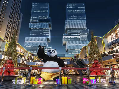Illuminated Night View of Urban Plaza with Tall Buildings Giant Panda Christmas Trees and Gifts 3d model