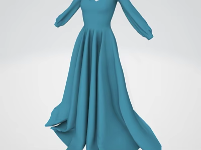 Elegant Women's Blue Floor Length Long Sleeves V Neck Flowing Skirt Formal Dress 3d model