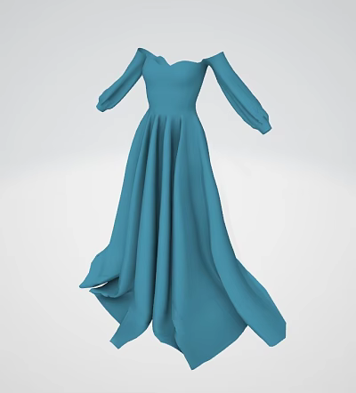 Elegant Women's Blue Floor Length Long Sleeves V Neck Flowing Skirt Formal Dress 3d model