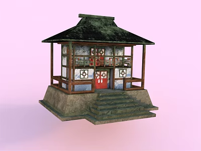 Cartoon Scene Featuring Japanese Building With Green Roof Red Door Stone Steps And Pink Background 3d model