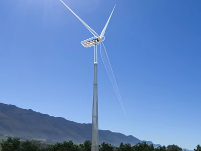 Tall Wind Turbine Standing In Mountainous Area With Green Trees And Blue Sky 3d model