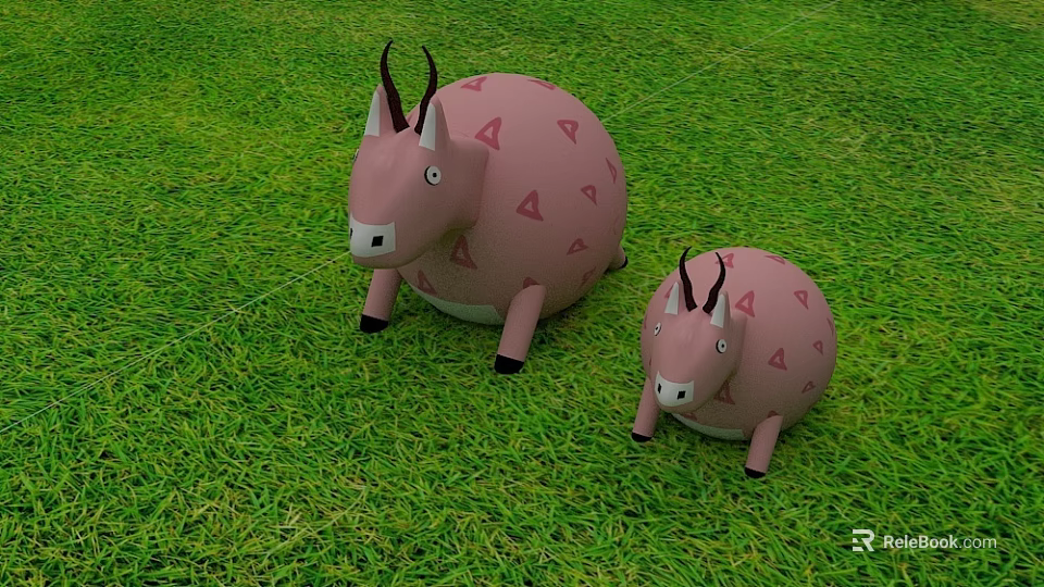 Two Pink Stuffed Animal Dolls With Triangle Patterns On Green Grass 3d model 