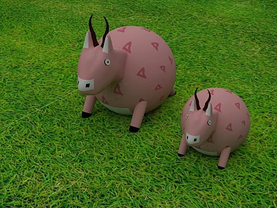 Two Pink Stuffed Animal Dolls With Triangle Patterns On Green Grass 3d model