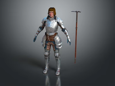 Medieval Man Standing in Silver Armor Holding Pickaxe With Brown Undergarment 3d model