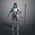 Medieval Man Standing in Silver Armor Holding Pickaxe With Brown Undergarment 3d model