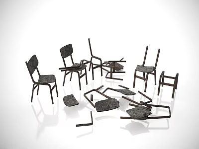 Scattered Broken Chair Parts With Damaged Legs And Seats On White Background 3d model