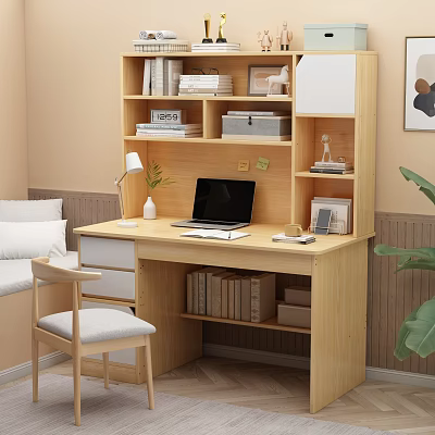 Wooden Home Office Desk With Laptop Table Lamp Books And Potted Plant 3d model