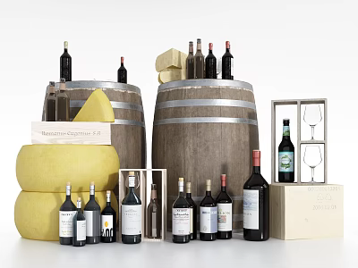 Assorted Wine Bottles And Cheese Collection With Wooden Barrels And Wine Glasses 3d model