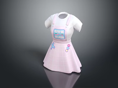 Cute Girls Dress With White Top Blue Square Design And Pink Plaid Skirt 3d model