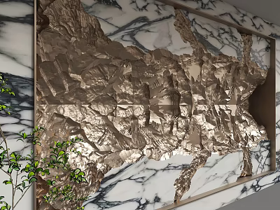 Modern Interior Background Wall With Marble Frame Gold Textured Relief And Green Plant 3d model