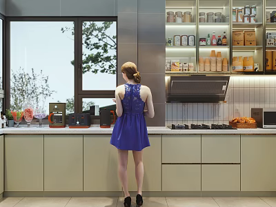 Bright Modern Kitchen With Large Window Countertop Range Hood And Food Storage Cabinets 3d model