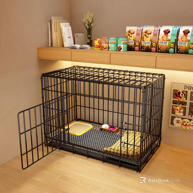 Sturdy Black Pet Cage With Open Door Yellow Mat Tray And Pet Food On Shelf 3d model 