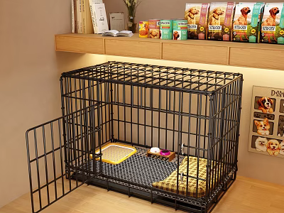 Sturdy Black Pet Cage With Open Door Yellow Mat Tray And Pet Food On Shelf 3d model