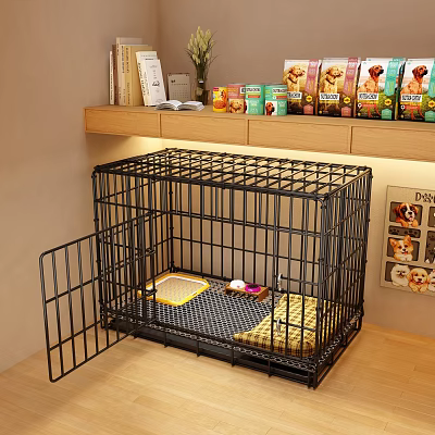 Sturdy Black Pet Cage With Open Door Yellow Mat Tray And Pet Food On Shelf 3d model