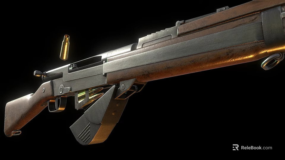 Vintage Military Style Rifle With Wooden Stock Metal Barrel Magazine And Bullet Detail 3d model 