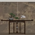 Chinese Style Console Table With Traditional Patterned Screen Pine Bonsai And Decorative Fan 3d model