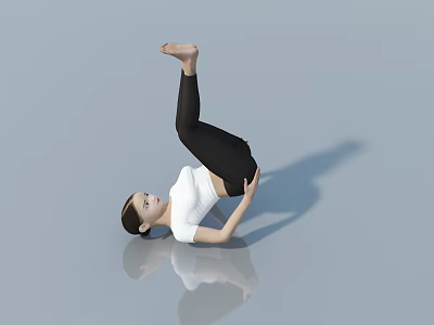 Woman Practicing Yoga Inversion Pose With White Top And Black Pants On Gray Floor 3d model