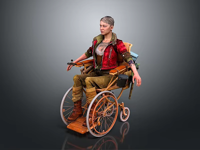A Man In Red Jacket Sitting On Wooden Wheelchair With Casual Attire 3d model