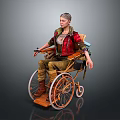 A Man In Red Jacket Sitting On Wooden Wheelchair With Casual Attire