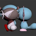 Three Cartoon Dolls With Blue Gray Bodies Antler Decorations And Red Feet