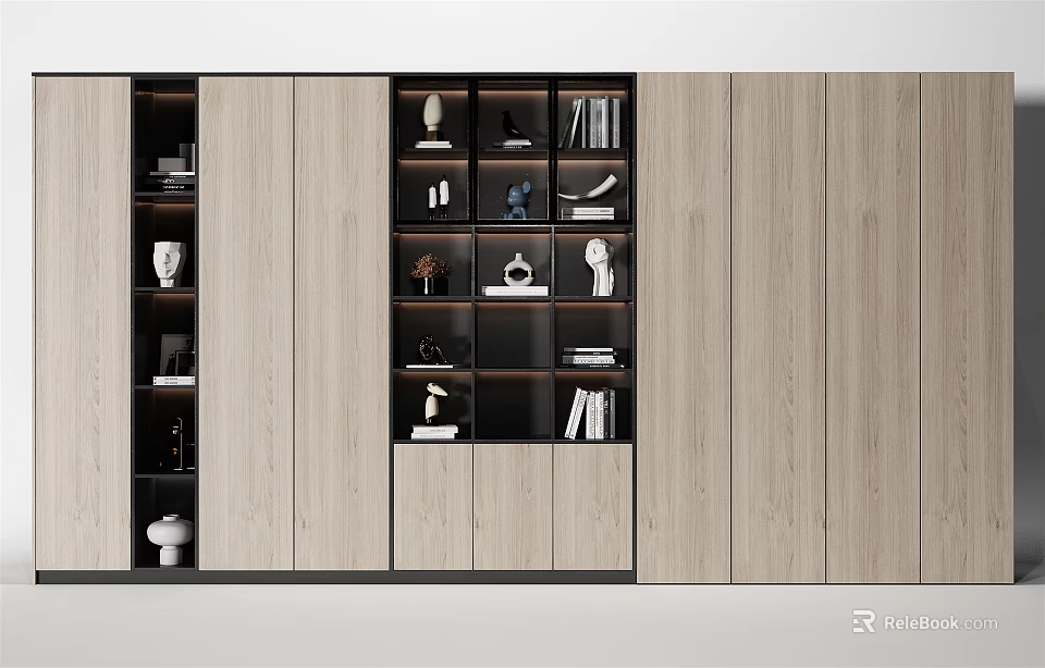 Modern Elegant Decorative Cabinet With Wooden Panels And Glass Doors Displaying Books And Decorative Items 3d model 