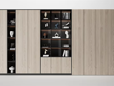 Modern Elegant Decorative Cabinet With Wooden Panels And Glass Doors Displaying Books And Decorative Items 3d model