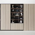 Modern Elegant Decorative Cabinet With Wooden Panels And Glass Doors Displaying Books And Decorative Items