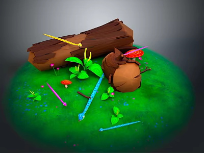 Enchanted Natural Landscape With Log Mushrooms Green Leaves And Colorful Decorative Twigs 3d model